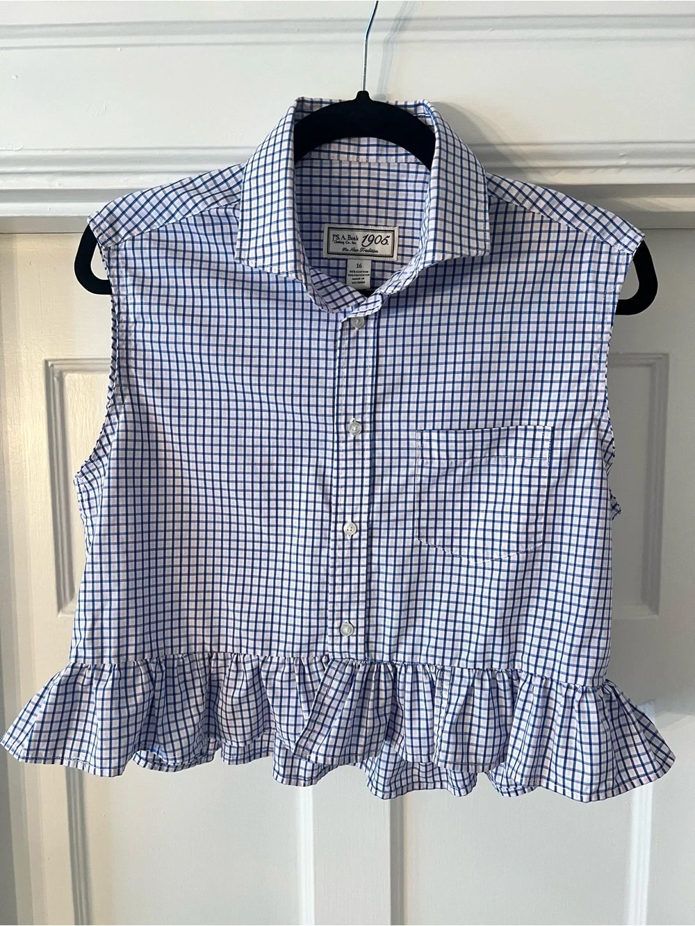 Upcycled Sleeveless Ruffled Hem Button-Down Top in Blue, Pink & White Check - Picture 1 of 3